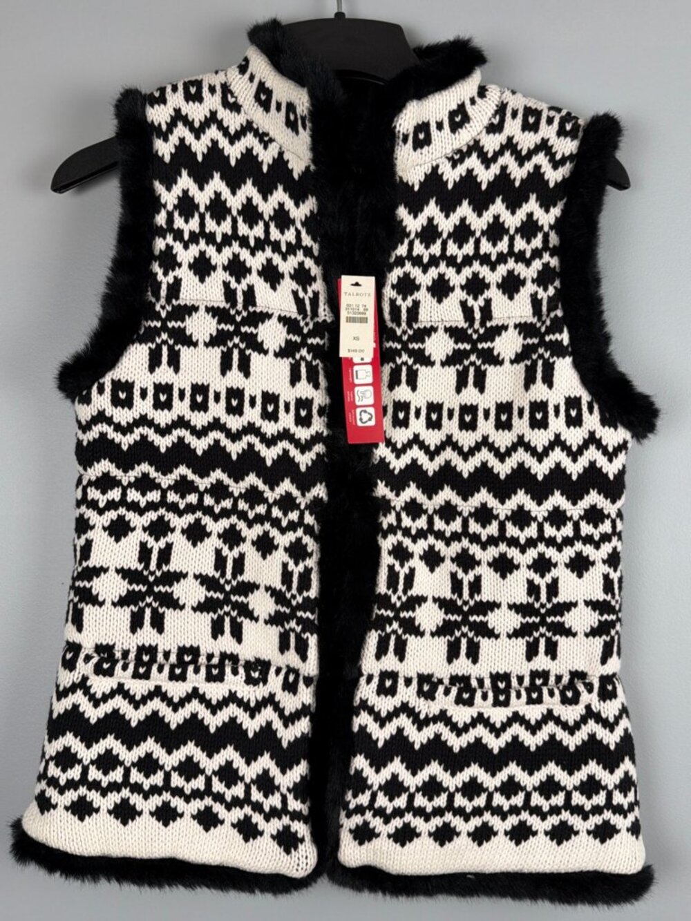 Talbots Vest Womens XS Black White Fair Isle Fur Trim Primaloft Sweater Puff NWT